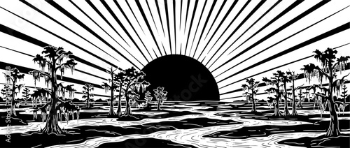 Black and white swamp landscape with cypress trees and rising sun