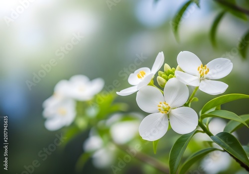 White jasmine flowers in bloom with green leaves on a blurred background