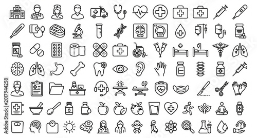 Tableau sur toile Healthcare linear outline icon set with medical and hospital symbols
