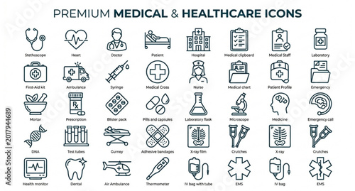 Bild auf Leinwand Medical linear icon pack with healthcare and hospital symbols
