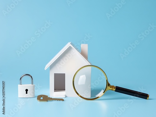House inspection concept with magnifying glass, key and lock on blue background.