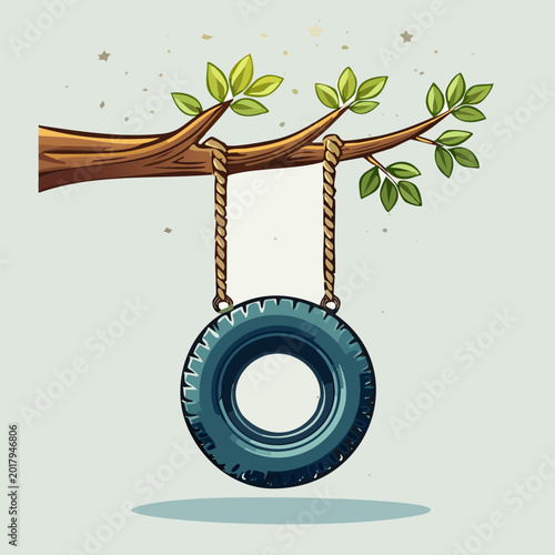 Tire swing hanging from tree branch, outdoor fun concept.