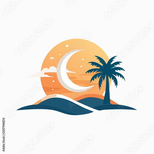 Tranquil Tropical Night - Crescent Moon, Palm Tree, and Ocean View.
