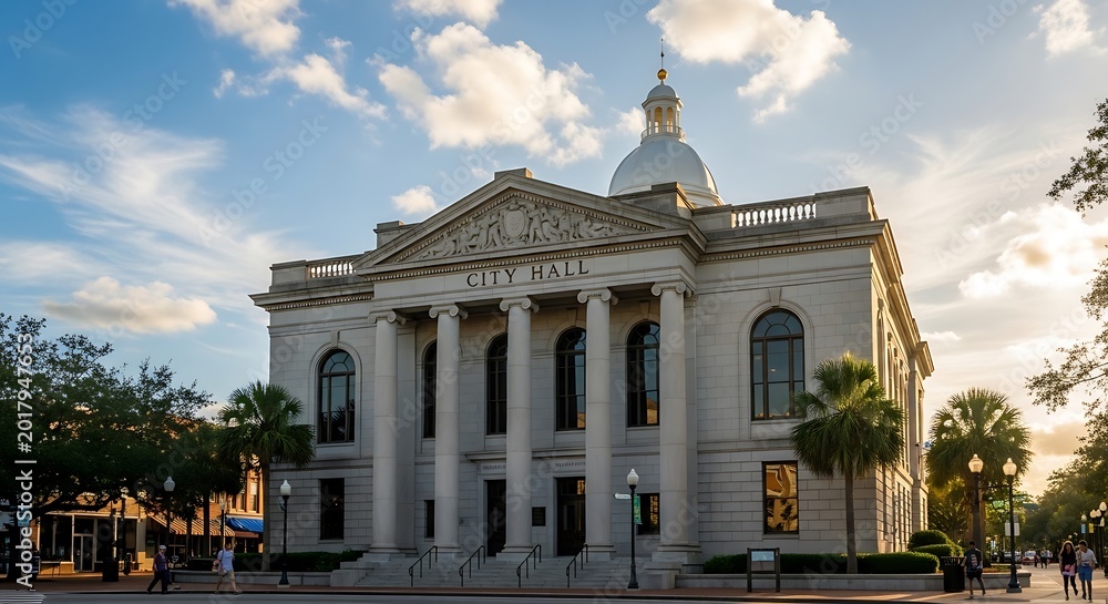 Fototapeta premium Grand building exterior with classical architecture under a blue cloudy sky