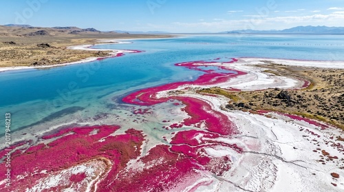 Aerial view of a vibrant pink saltwater lake with white salt deposits and greenish-blue water in a desert landscape under a blue sky.
