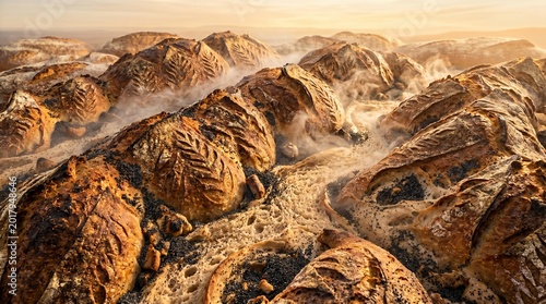 Aerial view of a desert landscape with unique rock formations and dust trails at sunset with warm tones.