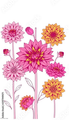 Line art illustration of a dahlia flower in various shapes and forms, graphic, beautiful