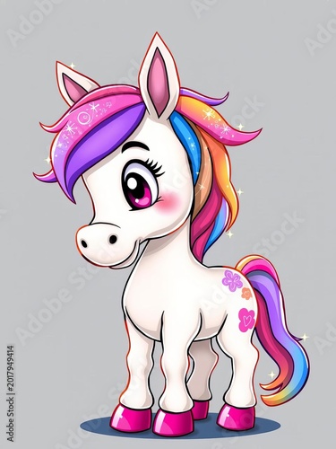 Colorful cartoon horse with sparkly mane and tail illustration, vector, simple