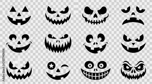 Set of twelve black and white pumpkin jack o lantern faces for halloween with spooky expressions on transparent background