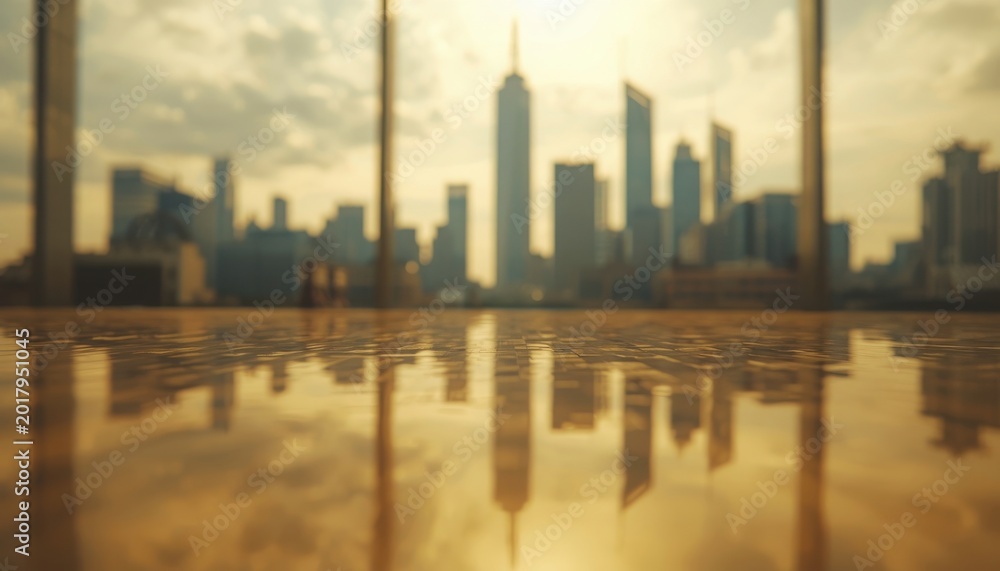 Fototapeta premium A blurry reflection of a luxury city skyline on a polished gold surface, abstract and aspirational.
