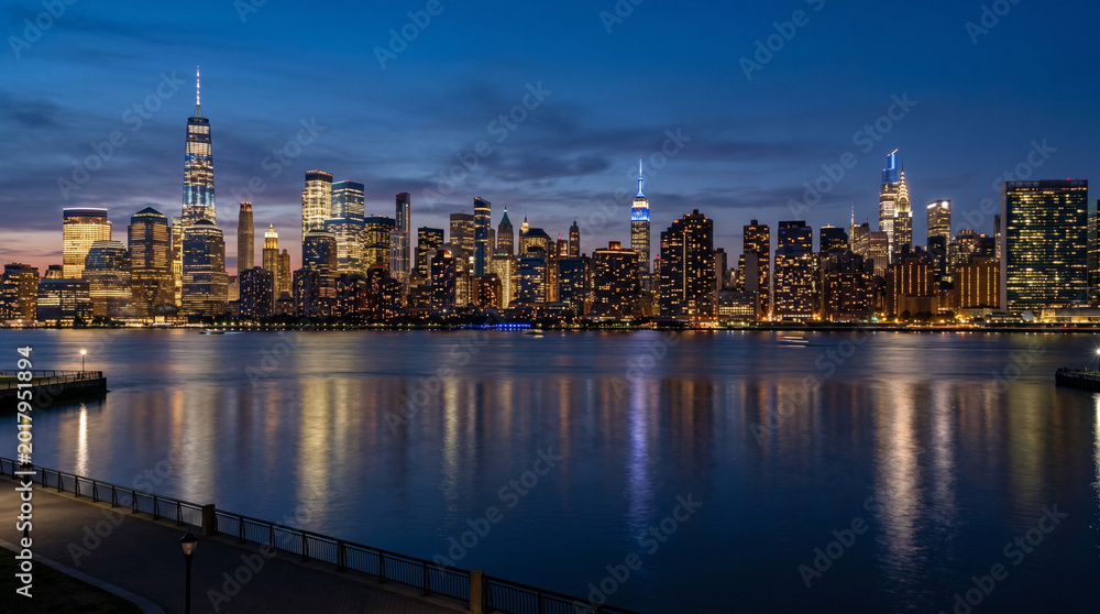 Obraz premium New York City skyline at dusk with illuminated skyscrapers reflecting