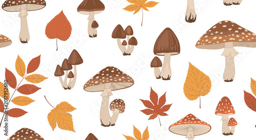 Bilde på lerret Autumn Mushroom Seamless Pattern Vector with Forest Fungi and Falling Leaves in