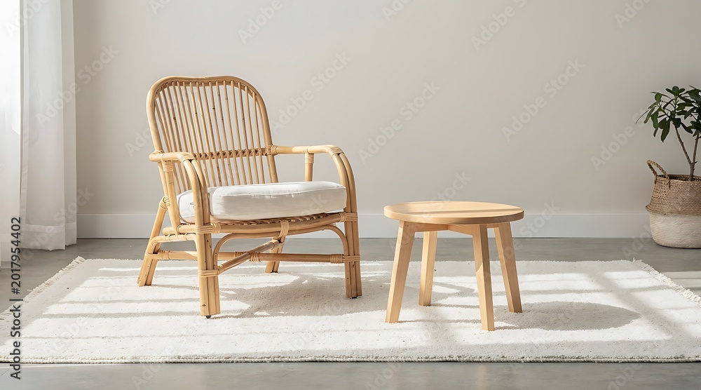Fototapeta premium Elegant Rattan Chair and Stool Set in a Bright Living Room Setting.