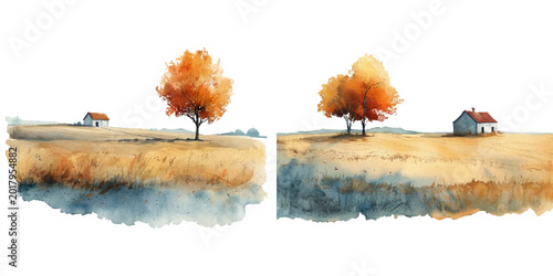 farm lanscape watercolor vector illustration