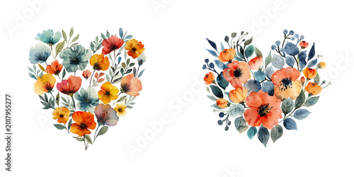 floral heart watercolor vector illustration