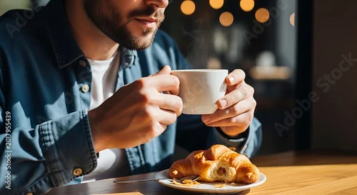 Fototapeta Man enjoying coffee and croissant by the window warm natural light and breakfast