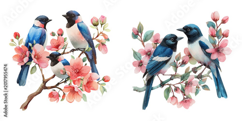 floral magpies watercolor vector illustration
