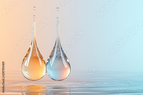 Close-up of two water droplets falling into a calm surface creating ripples and splashes with colorful gradient background
