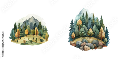 forest mountain lanscape watercolor vector illustration