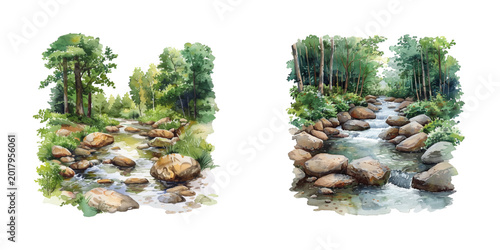 forest river with rocks watercolor vector illustration