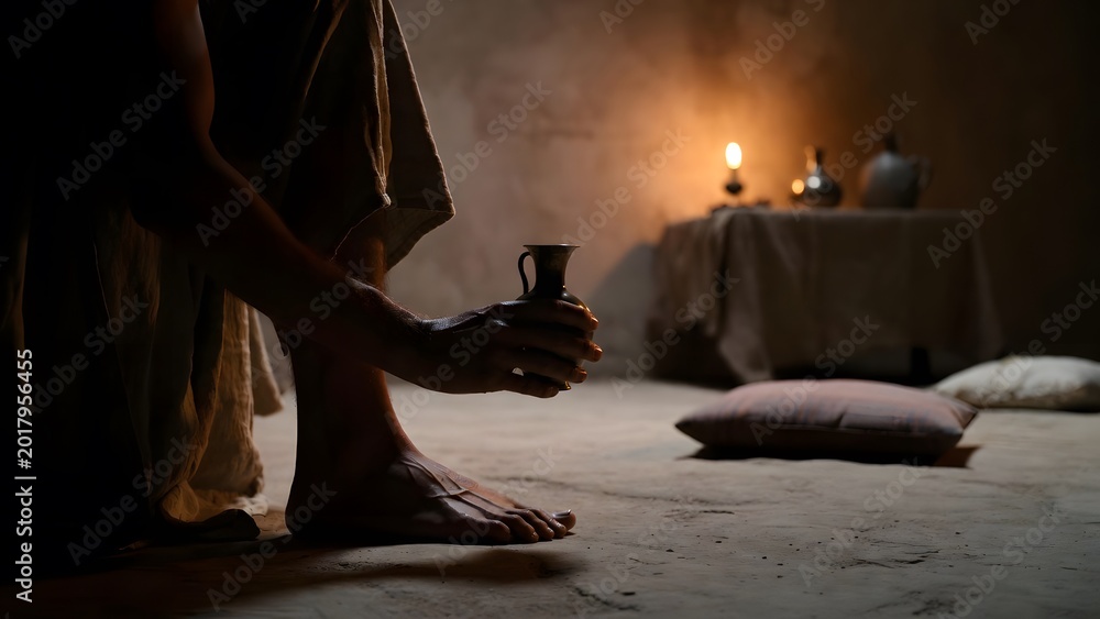 Fototapeta premium A biblical woman holding a small alabaster flask near another person’s feet yet stopping in reverent hesitation before the act, a simple supper room with low cushions, rough walls, and a quiet table s