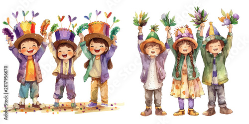 happy children celebrating mardi gras watercolor vector 