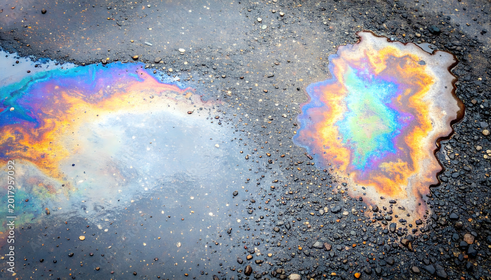 Obraz premium Realistic Iridescent Oil Spill on Asphalt Surface