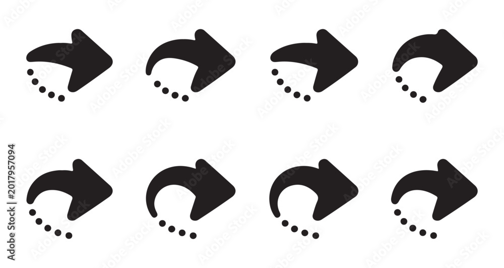 Fototapeta premium Set of eight black vector share arrow icons with dots, various designs indicating social media sharing.