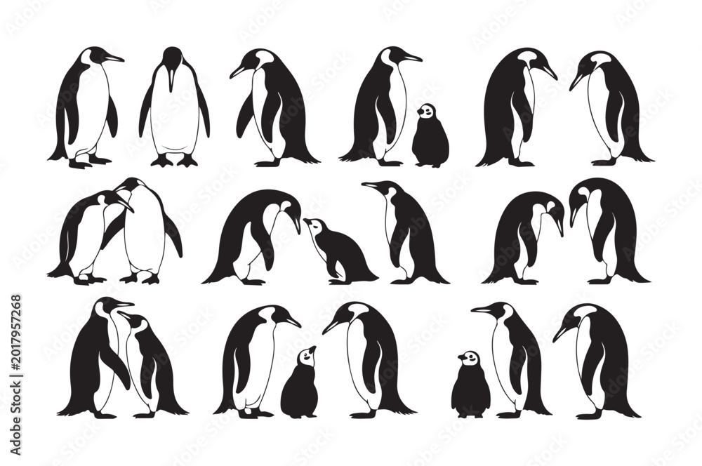 Fototapeta premium Penguin family silhouettes showing parents with chicks in various bonding poses for wildlife illustrations.
