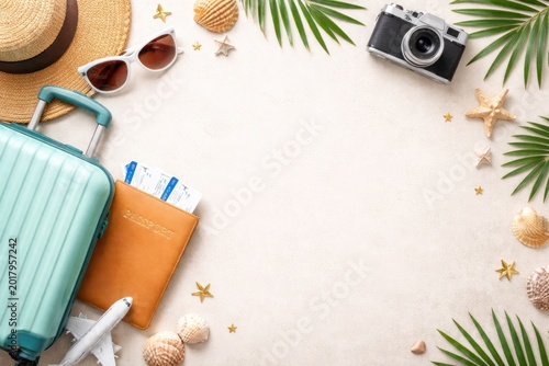 Aesthetic composition of international travel elements with beach sand texture background for tourism or holiday greetings