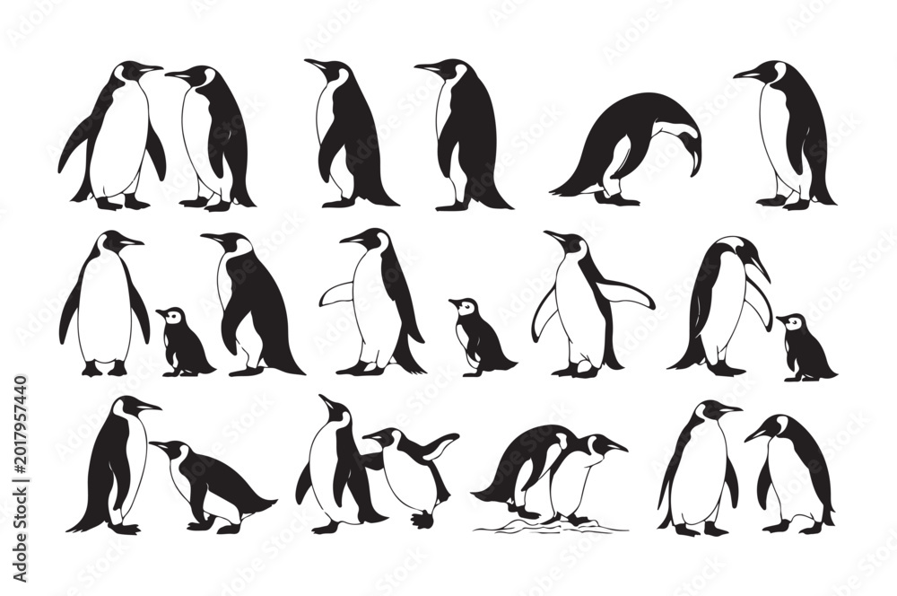 Fototapeta premium Emperor penguin interaction silhouettes depicting social behavior mating rituals and chick care in nature.