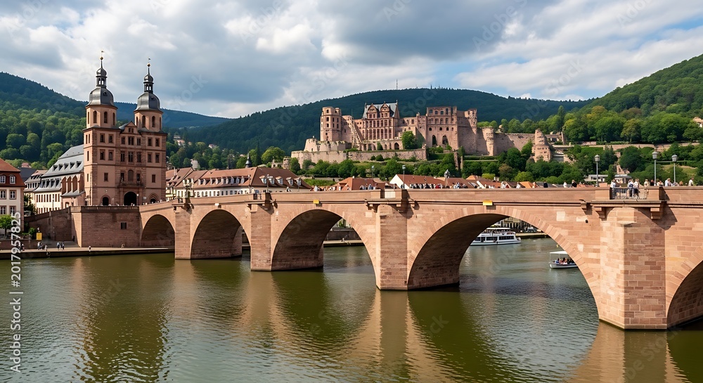 Fototapeta premium Historic stone bridge spanning water with a castle on a hill under a cloudy sky