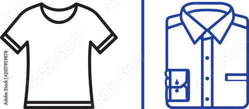 T-shirt and folded dress shirt vector icons representing casual and formal apparel, fashion, and clothing options