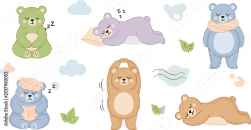 Bild auf Leinwand Cute Sleeping Bear Character Set with Pastel Teddy Bears Napping, Stretching, an