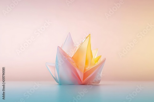 Abstract colorful paper sculpture resembling a blooming flower with pastel shades on smooth surface background
