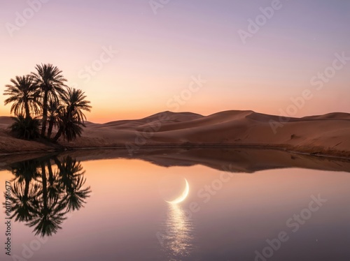 Serene desert oasis at twilight with crescent moon reflection