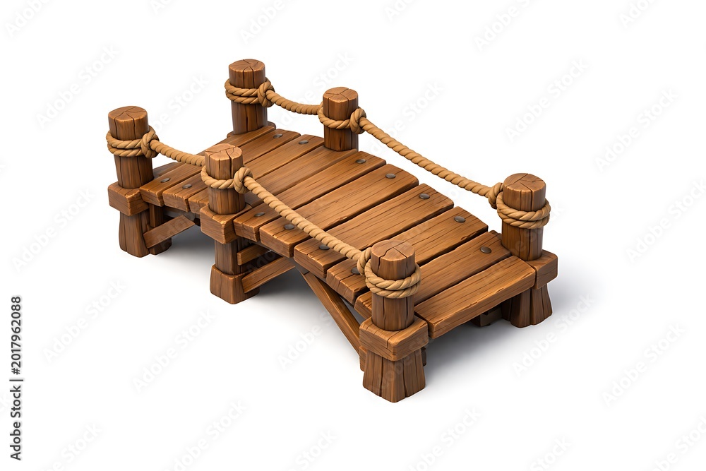Obraz premium Cartoon Wooden Bridge Segment with Rope Railing Illustration