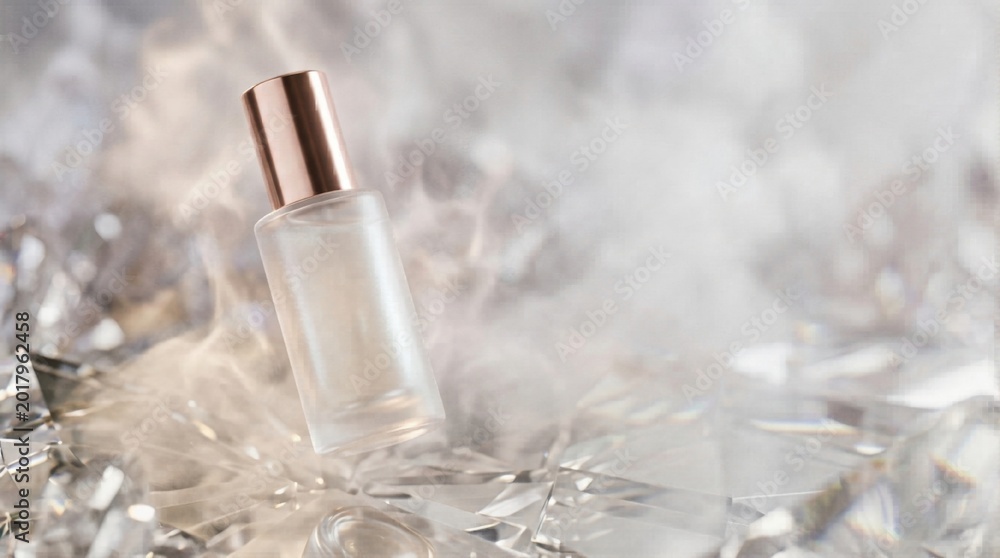 Fototapeta premium Floating translucent skincare bottle surrounded by soft atmospheric fog and reflective crystal surfaces
