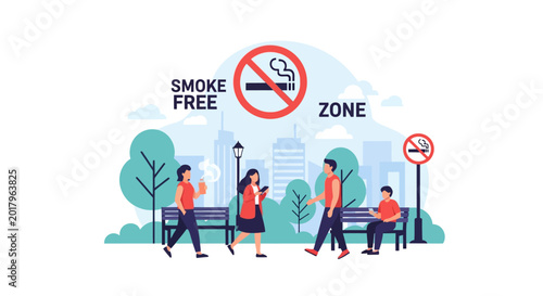 Flat vector illustration of a smoke free zone in an urban park with people walking and sitting on benches, featuring a no smoking sign, city buildings, and green trees on white.