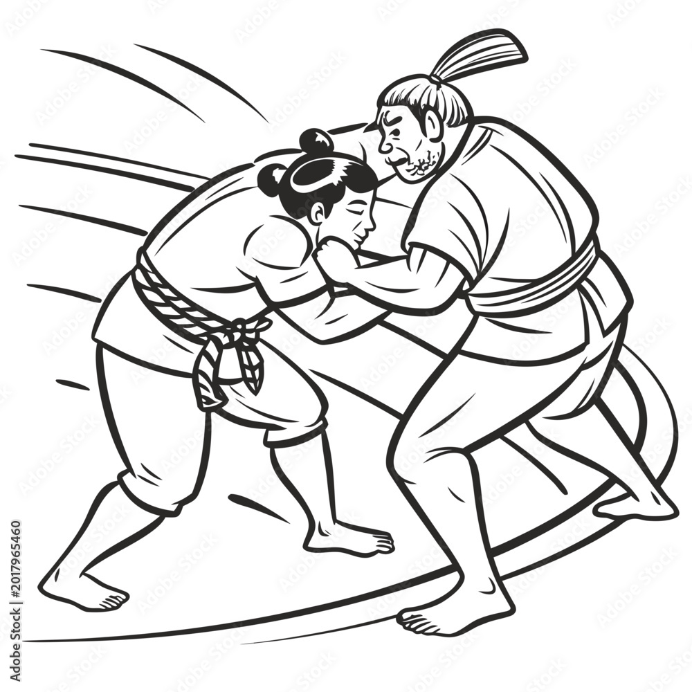 Obraz premium Sumo wrestlers grappling, bold sketch line art vector illustration