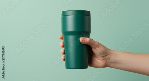 A person holds a green reusable cup in their hand against a plain background.