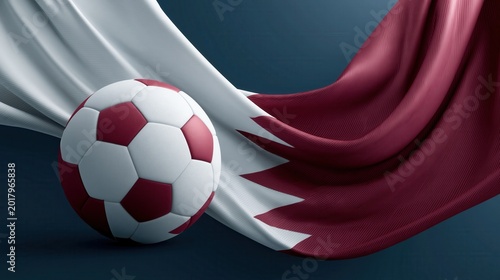 Soccer ball and flowing flag representing an international football tournament.