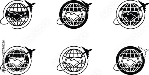 Variations of a global partnership logo with handshake and airplane