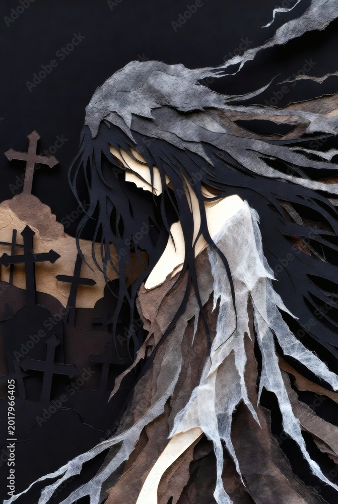 Fototapeta premium Haunted Female Spirit In Dark Fantasy Style, Dark Gothic Paper Cut Phantom, Eerie Cemetery Ghost Woman Illustration