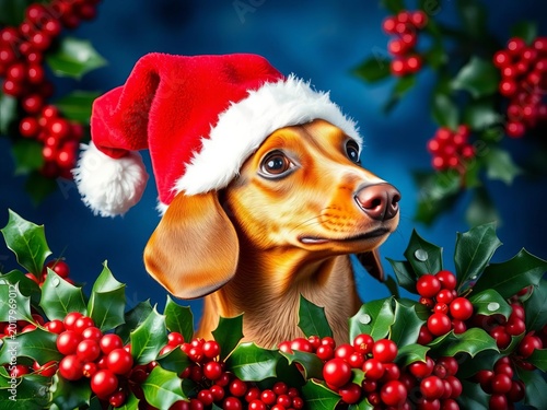 A dachshund in Santa's hat, surrounded by holly and mistletoe, illustration, present