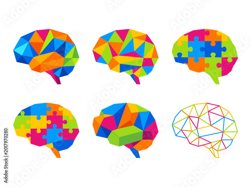 Six colorful abstract brain illustrations showing geometric patterns and jigsaw puzzle pieces.