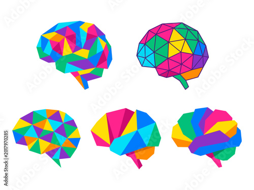 Five colorful geometric human brains representing creativity, intelligence, and diverse thought processes.
