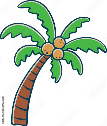 Cartoon palm tree with curved brown trunk, green fronds, and coconuts, isolated on white as a tropical beach, summer vacation, or island icon