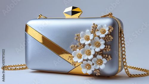Silver Gold Floral Clutch Bag for Women | Elegant Pearl Flower Evening Purse | Bridal Wedding Party Handbag