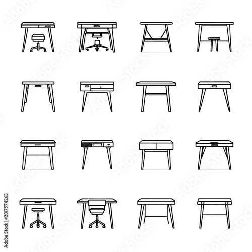 Various types of workbenches and tables.